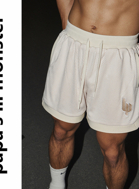 lil monster 夏季网眼绣花短裤美式复古双层重磅宽松高街情侣运动