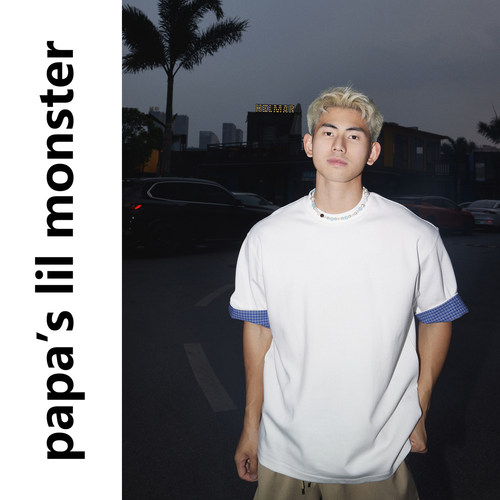 PAPASLILMONSTER美式简约百搭格纹假两件短袖宽松高级感学院风T恤