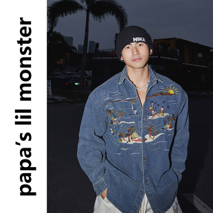 Papaslilmonster【度假海岛】美式重工刺绣牛仔长袖外套衬衫男