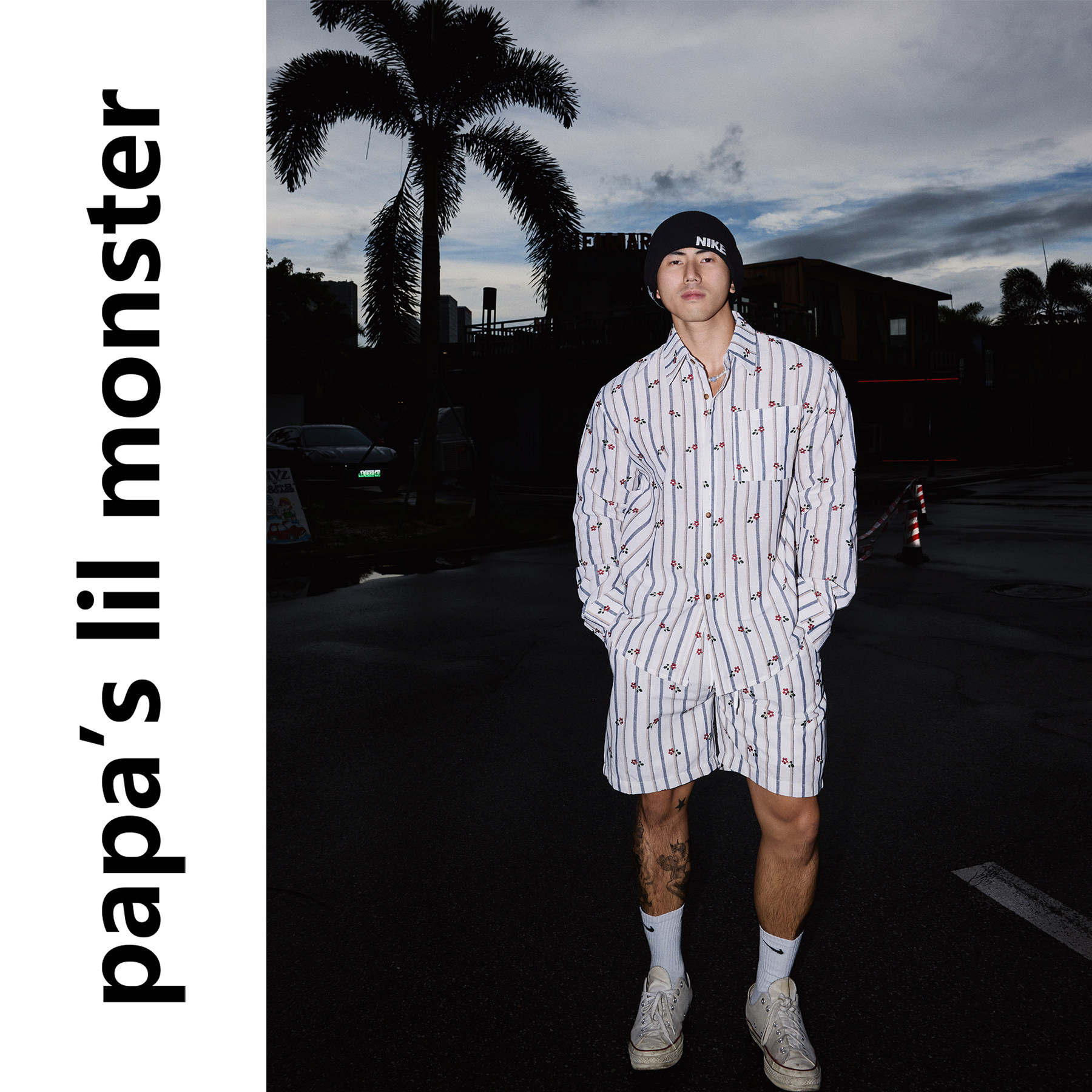 PAPASLILMONSTER 美式夏日度假风条纹碎花设计长袖衬衫短裤套装男