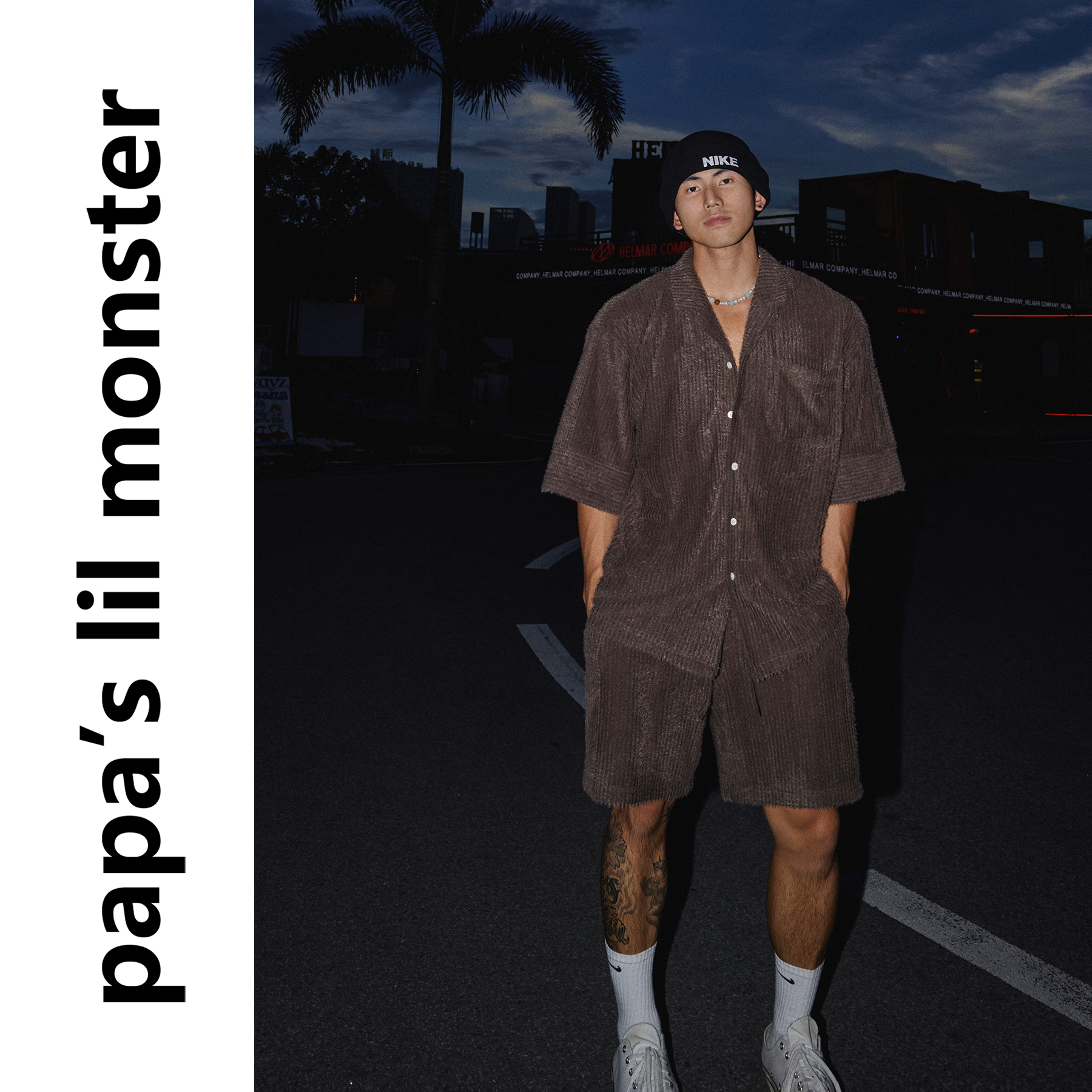 PAPASLILMONSTER【原创】美式复古纯色松弛短袖衬衫休闲短裤套装