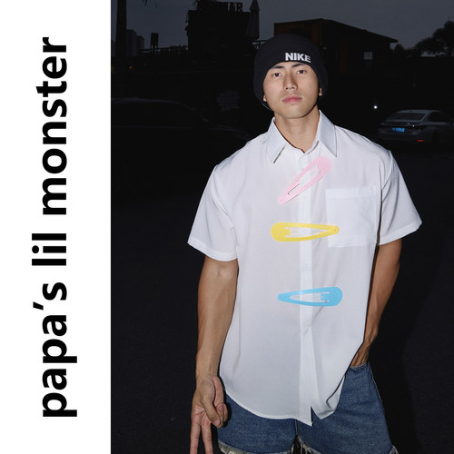 PAPASLILMONSTER 【学院白】美式可爱风可拆卸彩色大发卡短袖衬衫