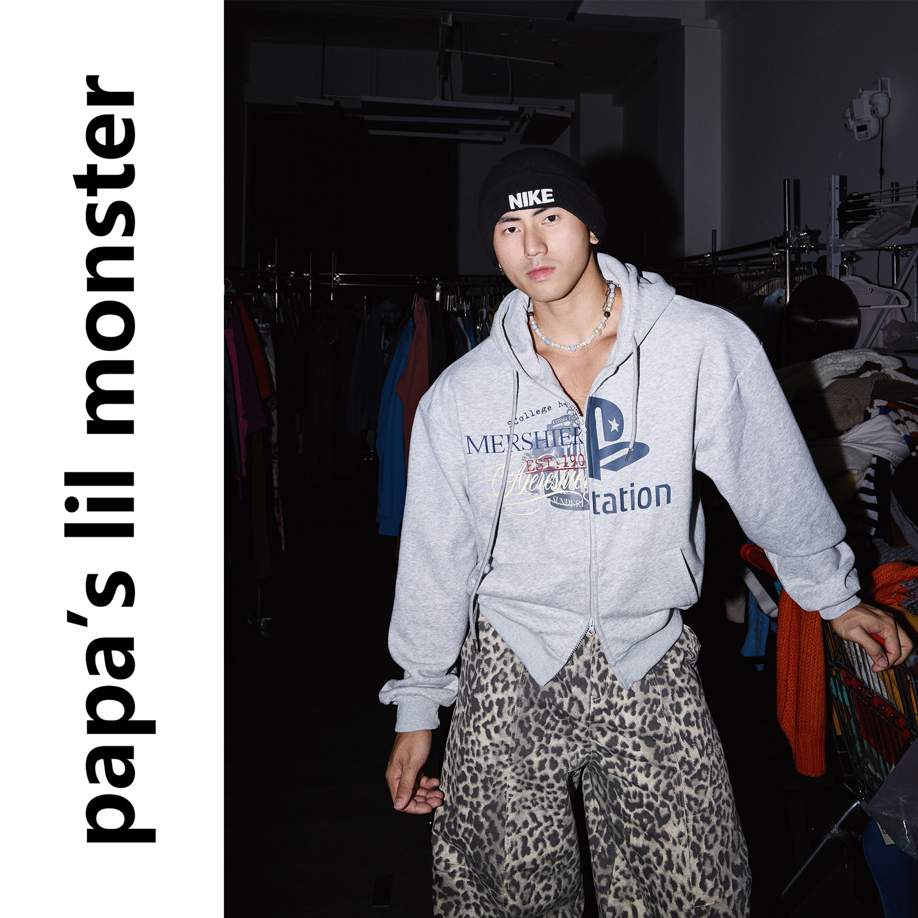 PAPASLILMONSTER 美式复古连帽开衫卫衣 秋季短款印花拉链外套男