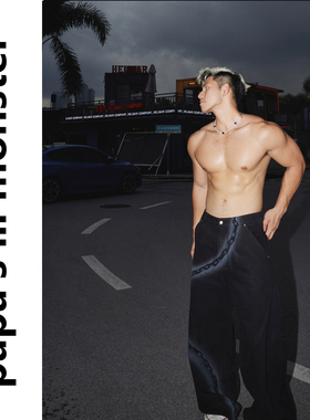 Papaslilmonster【度假flowfit】高街重磅铁链印花水洗宽松牛仔裤