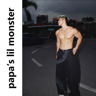 Papaslilmonster【度假flowfit】高街重磅铁链印花水洗宽松牛仔裤