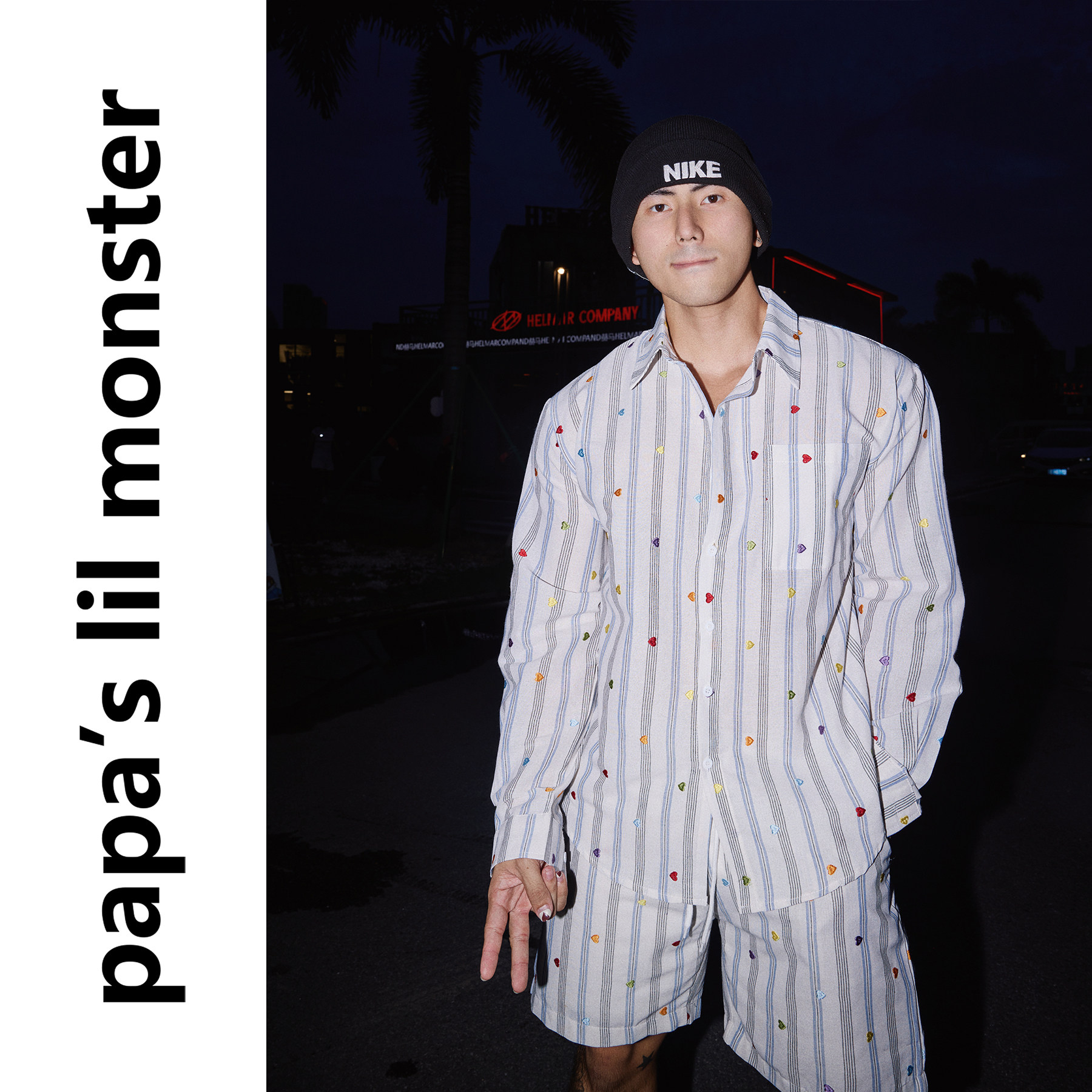 PAPASLILMONSTER 美式复古松弛感条纹长袖衬衫短裤套装男休闲早秋
