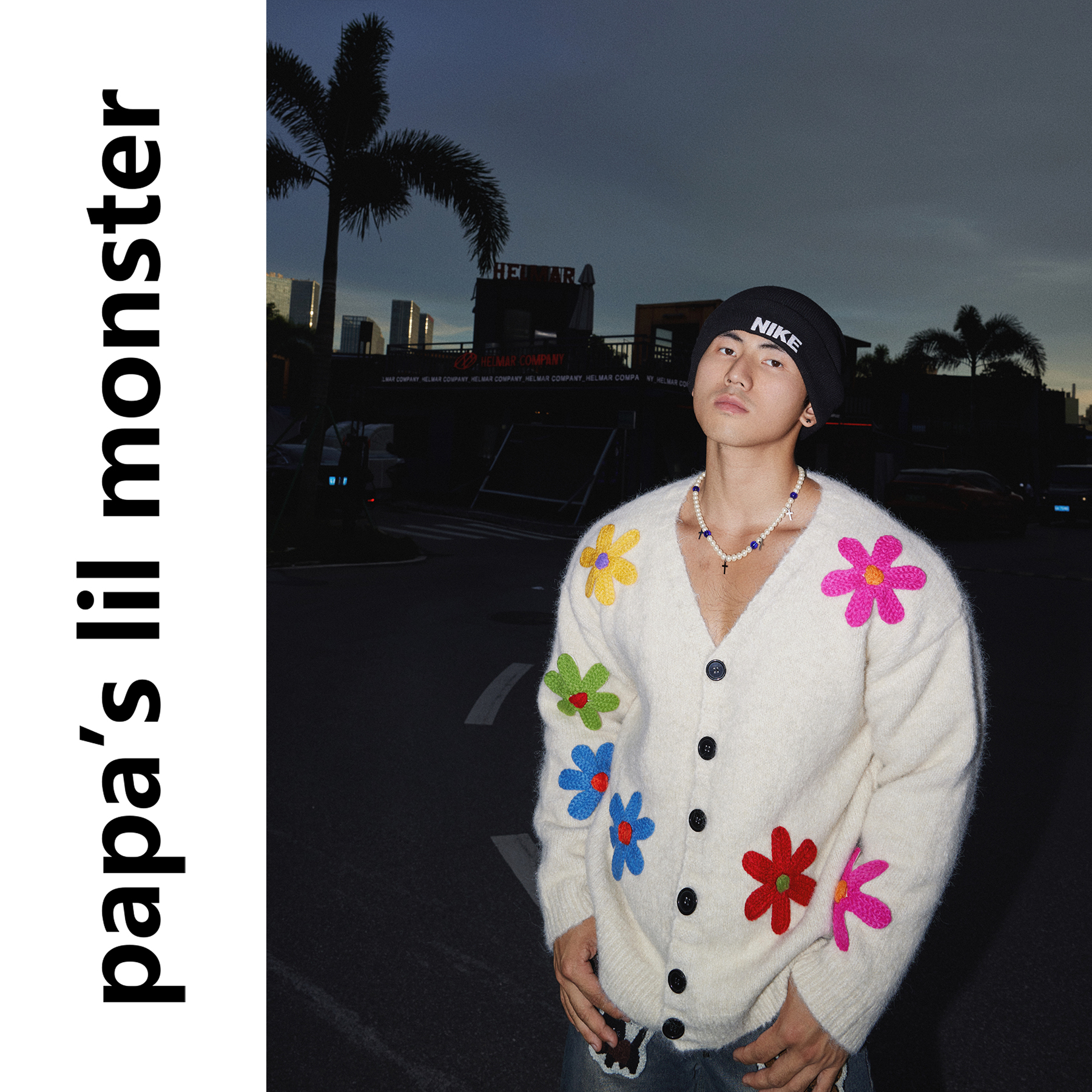 PAPASLILMONSTER【卡通大花朵】美式花朵设计纽扣开衫毛衣针织衫