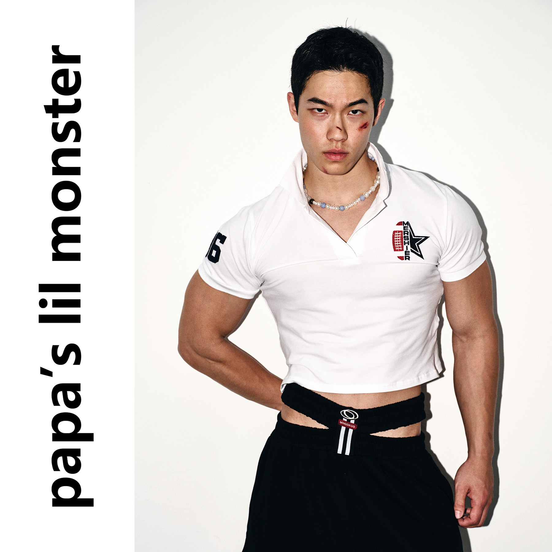 PAPASLILMONSTER 美式复古星星刺绣POLO领短款短袖修身T恤男女