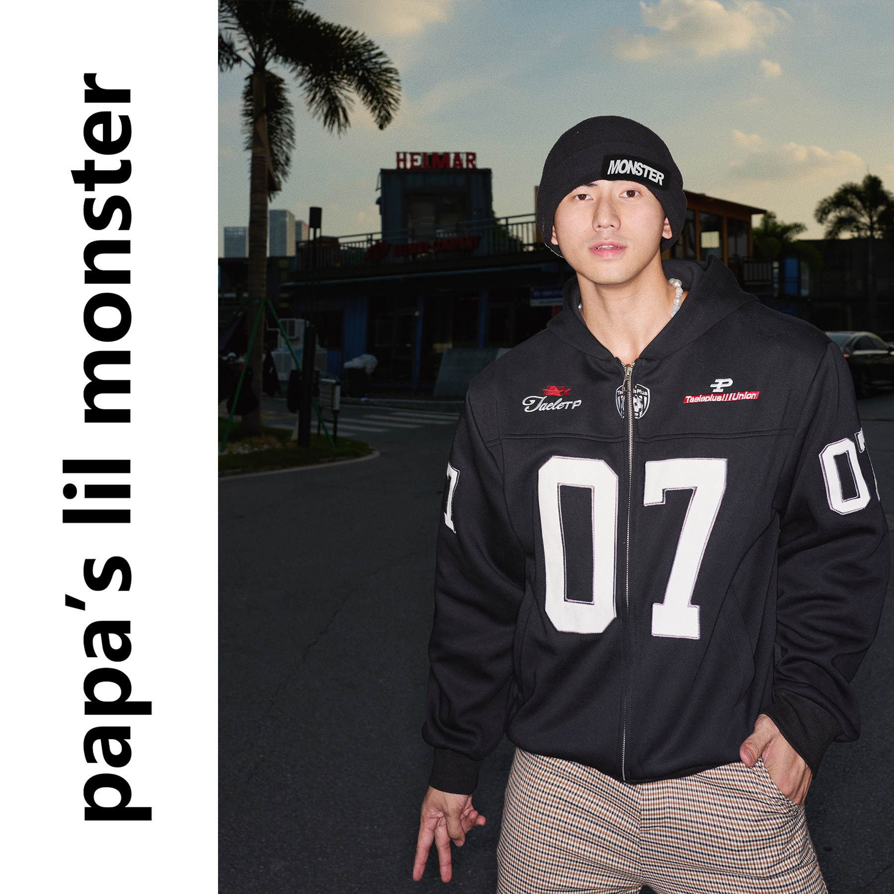 PAPASLILMONSTER 美式运动休闲数字开衫卫衣 刺绣宽松连帽外套男