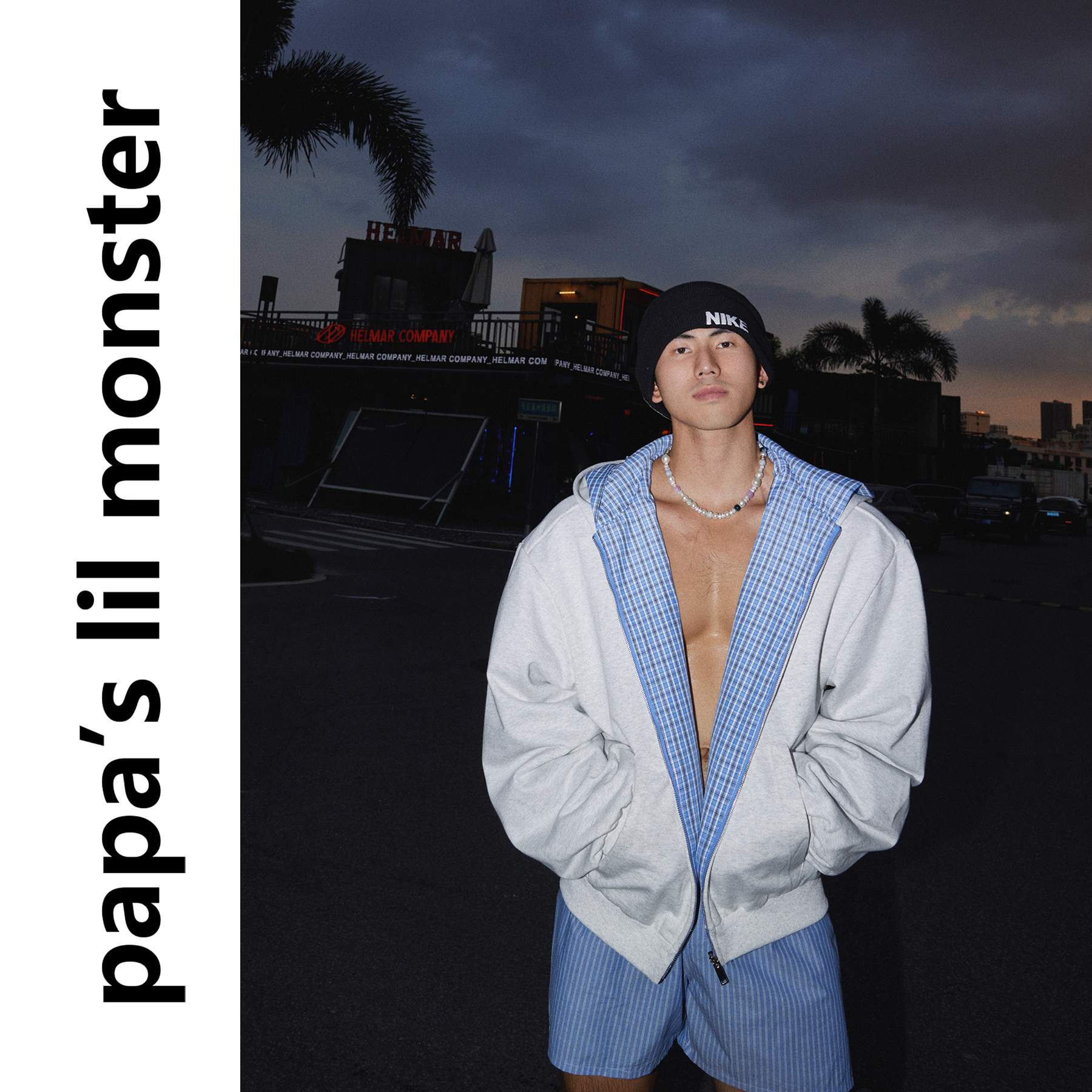 Papaslilmonster【格子撞色】美式秋冬新款撞色设计带帽拉链卫衣