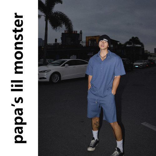 PAPASLILMONSTER 美式纯色肌理感半开襟抽绳短袖衬衫短裤套装男
