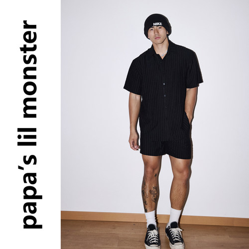 PAPASLILMONSTER 美式高级感垂顺干净简约纯色衬衫短裤休闲套装男