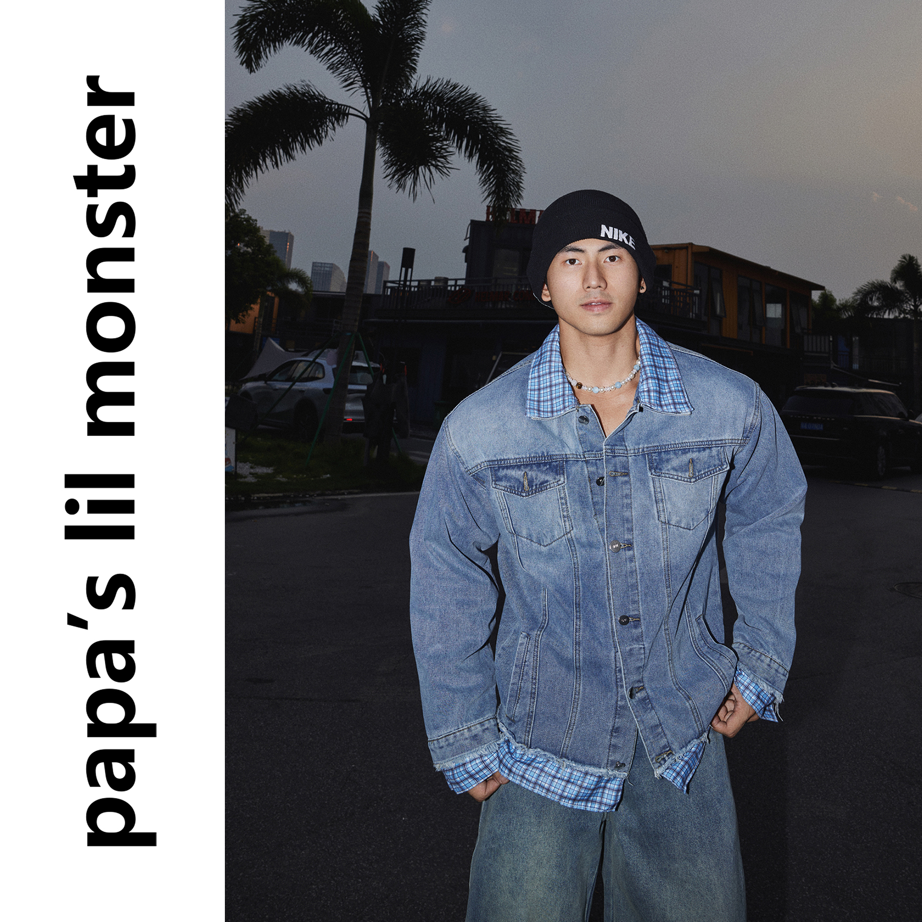 PAPASLILMONSTER【丹宁原色】美式格子拼接假两件牛仔夹克外套男8