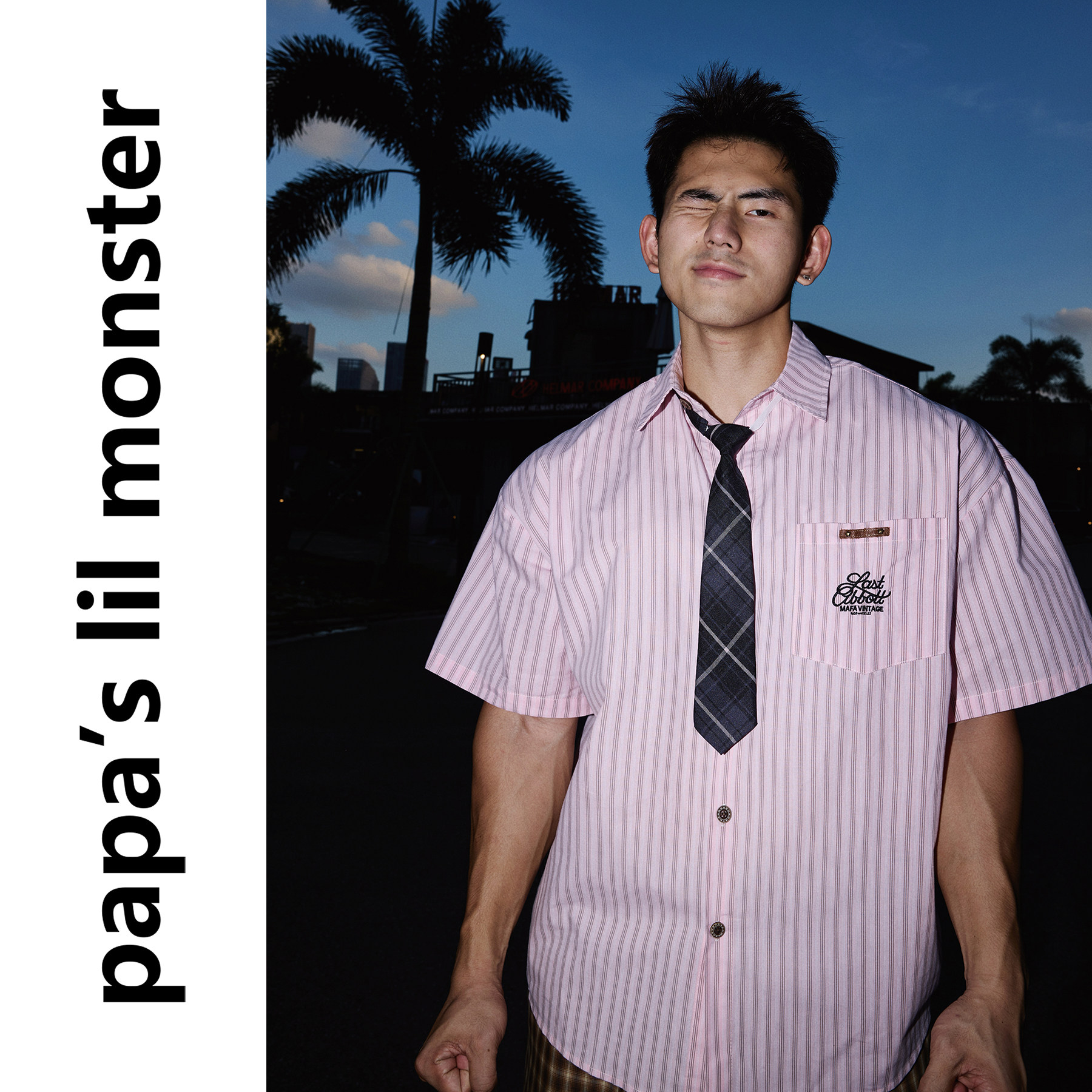 PAPASLILMONSTER 【浅粉校风】美式休闲风条纹领带宽松短袖衬衫男