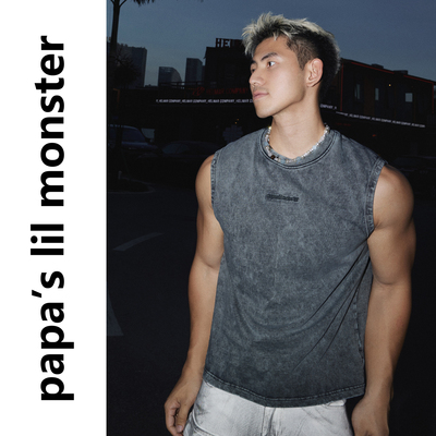 PAPASLILMONSTER【原创】美式复古水洗做旧金属装饰无袖T恤背心男