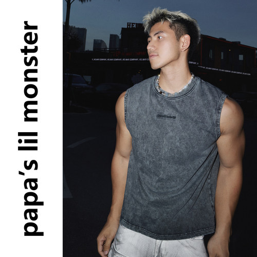 PAPASLILMONSTER【原创】美式复古水洗做旧金属装饰无袖T恤背心男