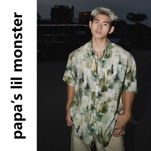 迷幻墨画 美式复古做旧水墨印花短袖衬衫男 夏季休闲宽松度假风潮