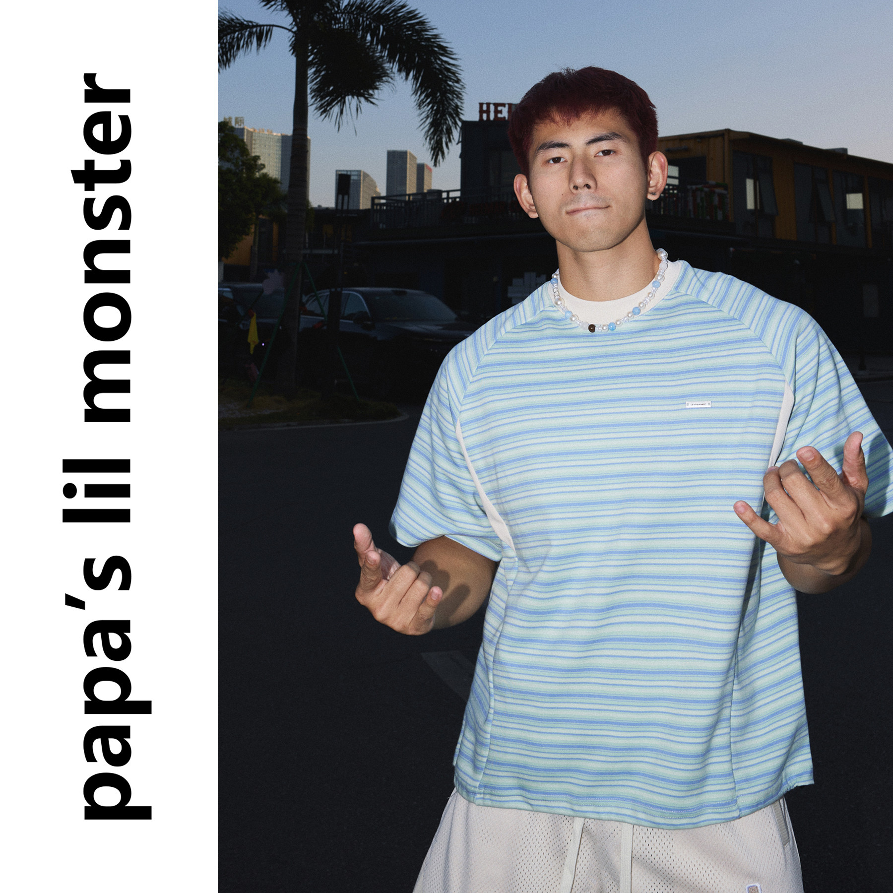 PAPASLILMONSTER【薄荷蓝条】美式复古慵懒风宽松透气短袖T恤男