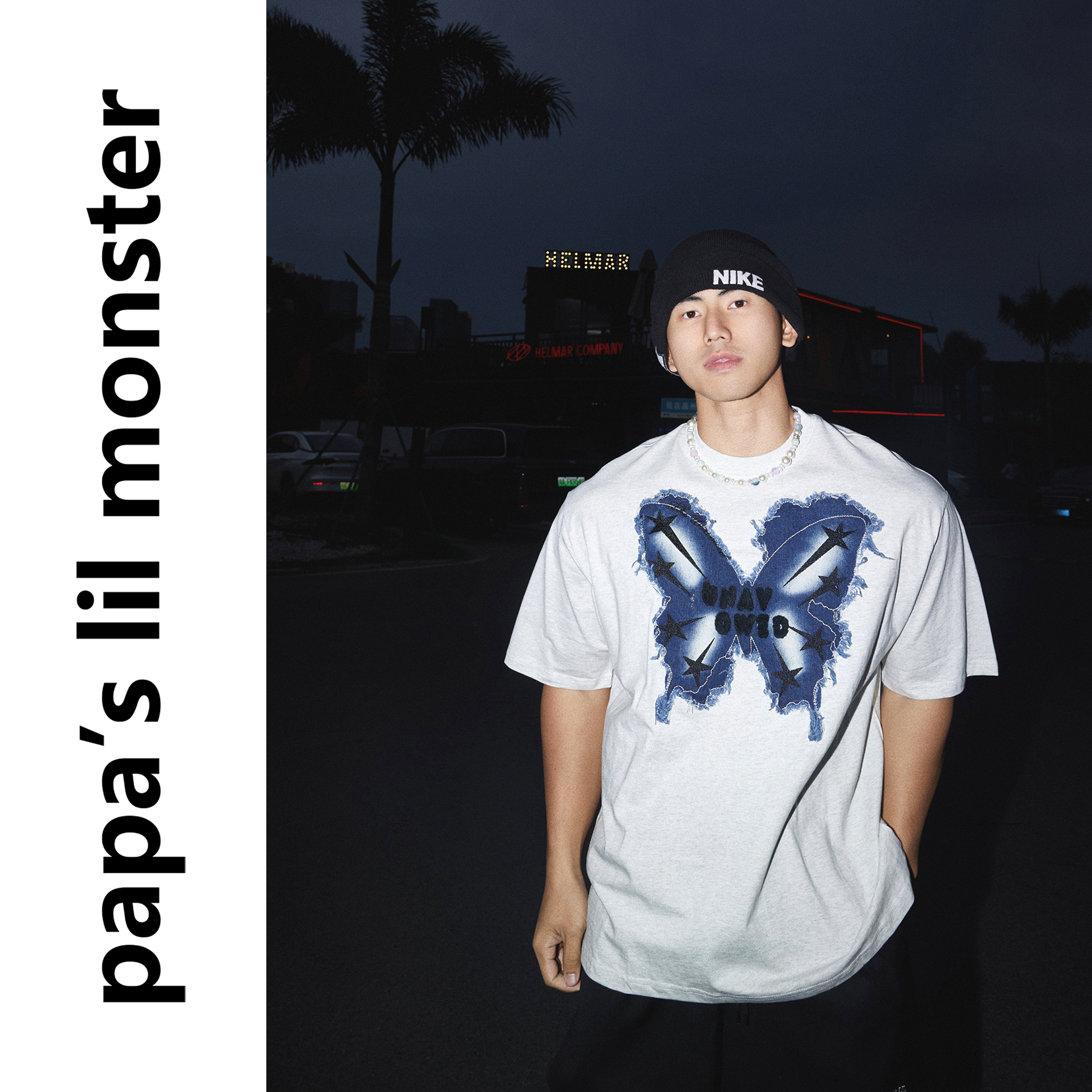 PAPASLILMONSTER美式复古蝴蝶贴布刺绣慵懒短袖T恤宽松百搭上衣