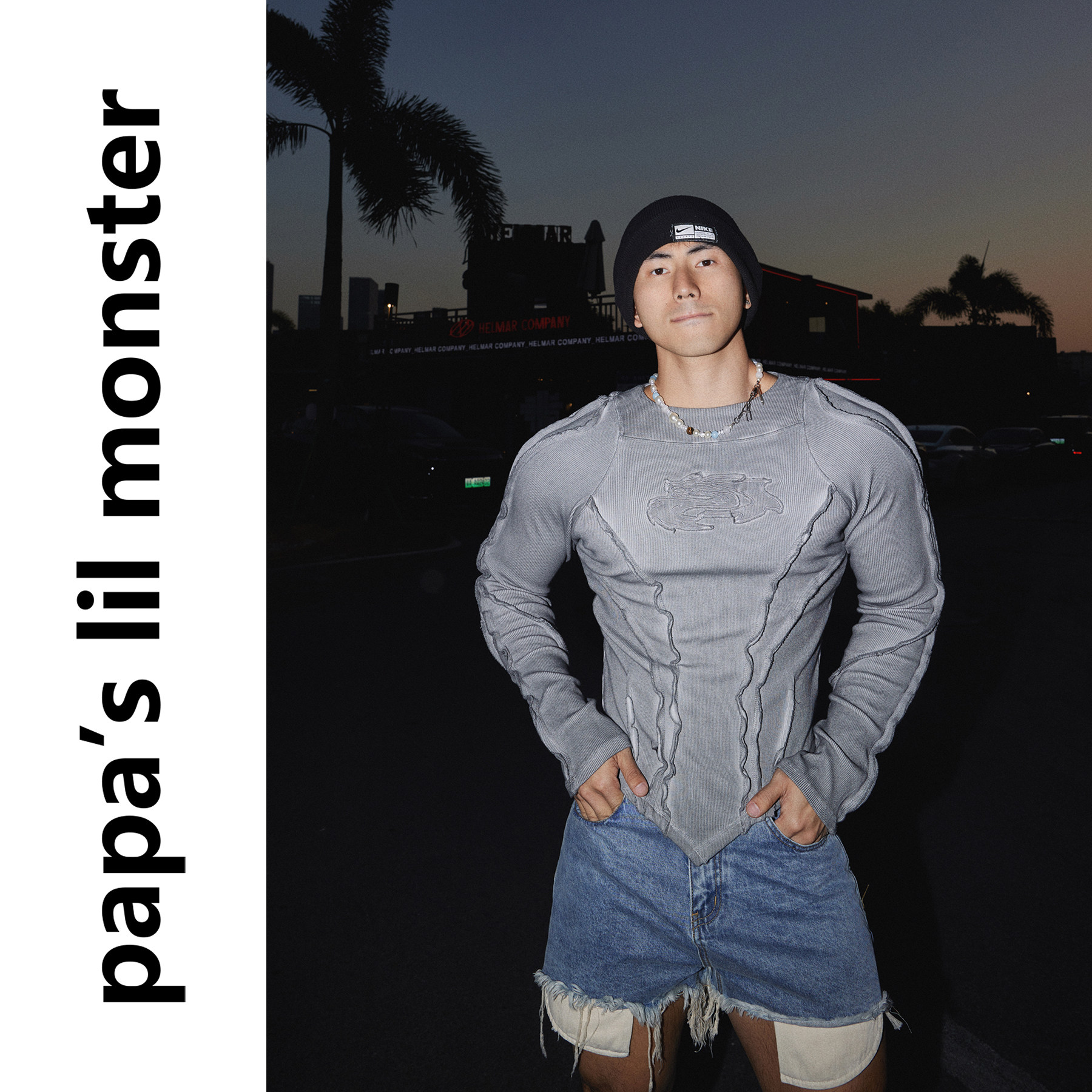 PAPASLILMONSTER【解构废土】美式做旧水洗螺纹染色修身长袖T恤男