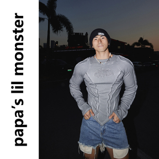 长袖 PAPASLILMONSTER 做旧水洗螺纹染色修身 美式 T恤男 解构废土