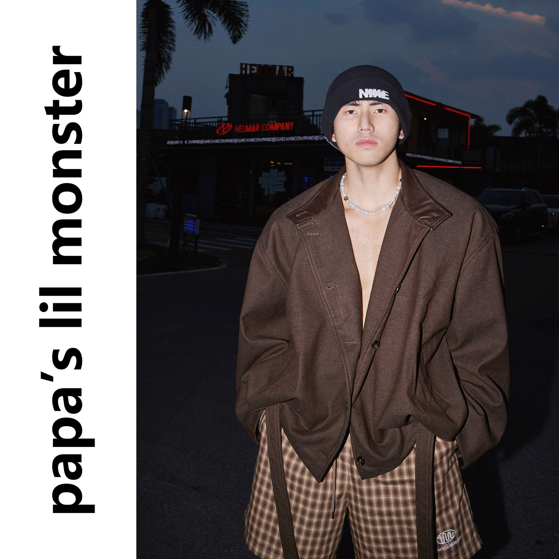 PAPASLILMONSTER 毛感肌理 美式撞领抽绳下摆宽松休闲西服外套男