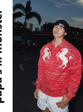 PAPASLILMONSTER【白驹针织】美式复古马匹图案针织衫宽松毛衣男