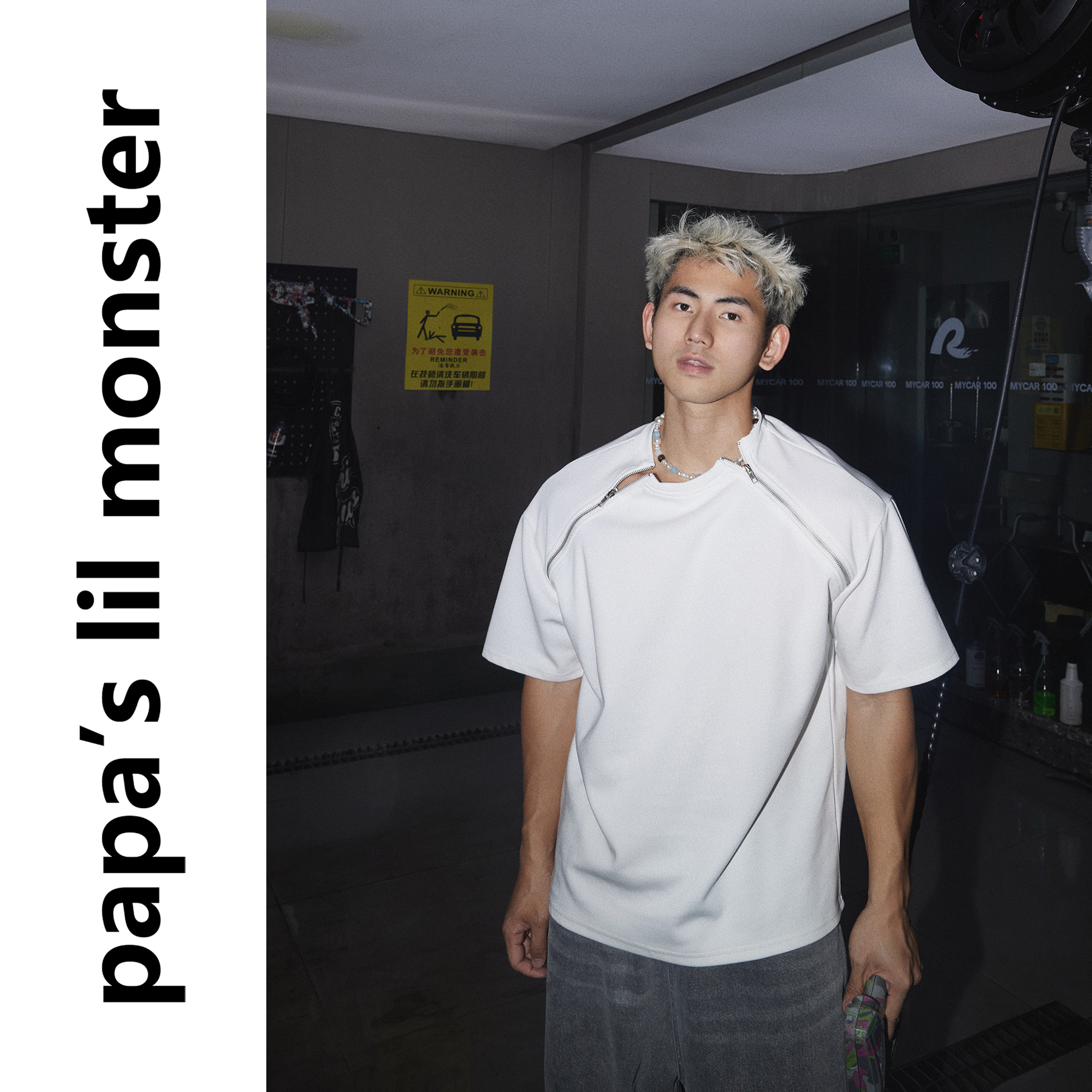 PAPASLILMONSTER美式宽松双拉链圆领短袖高街痞帅设计感情侣半袖