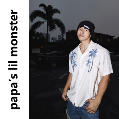 PAPASLILMONSTER 【椰林晚风】美式古巴领白蓝椰树干净刺绣衬衫男