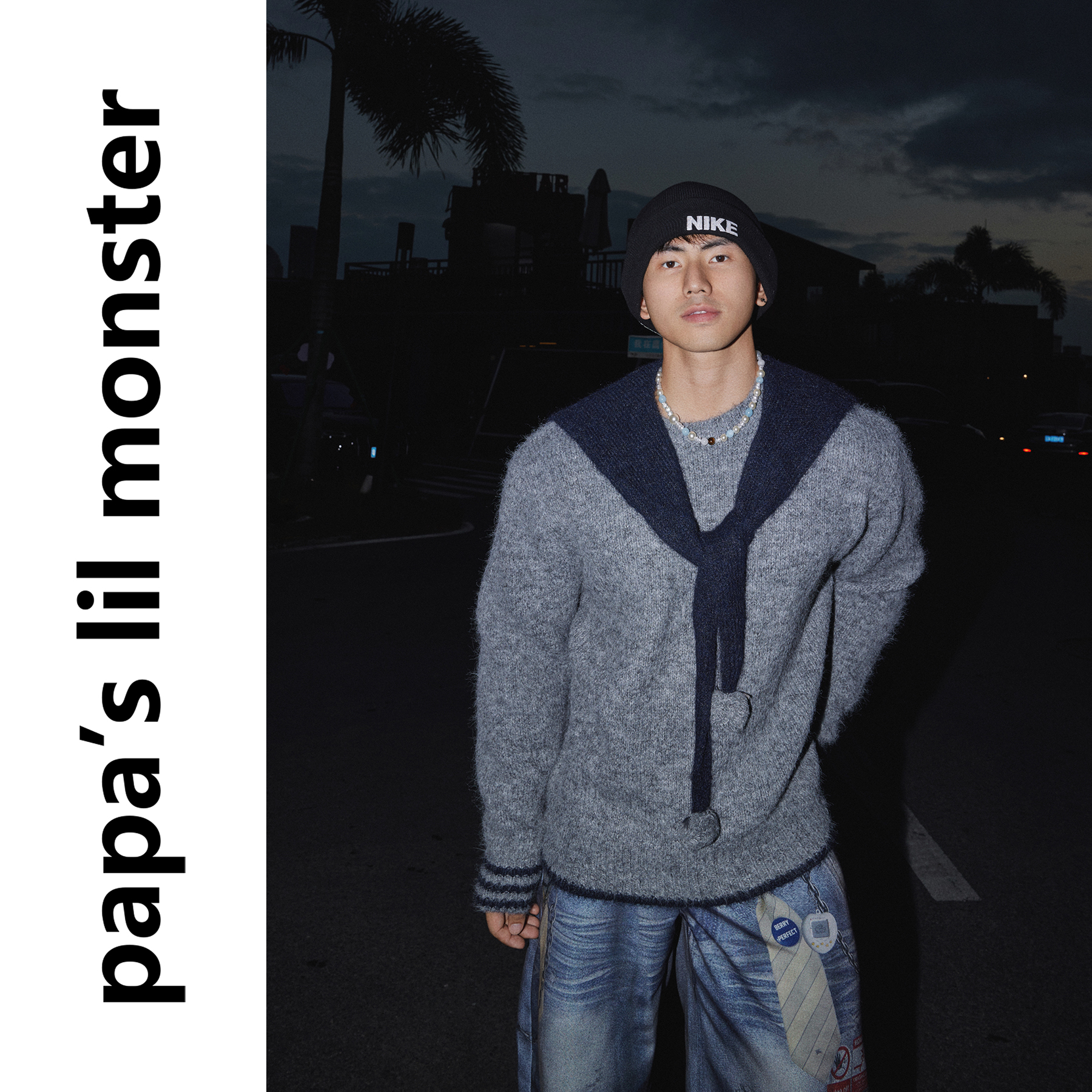 PAPASLILMONSTER【拼色暖衫】美式假两件披肩毛衣宽松色针织衫