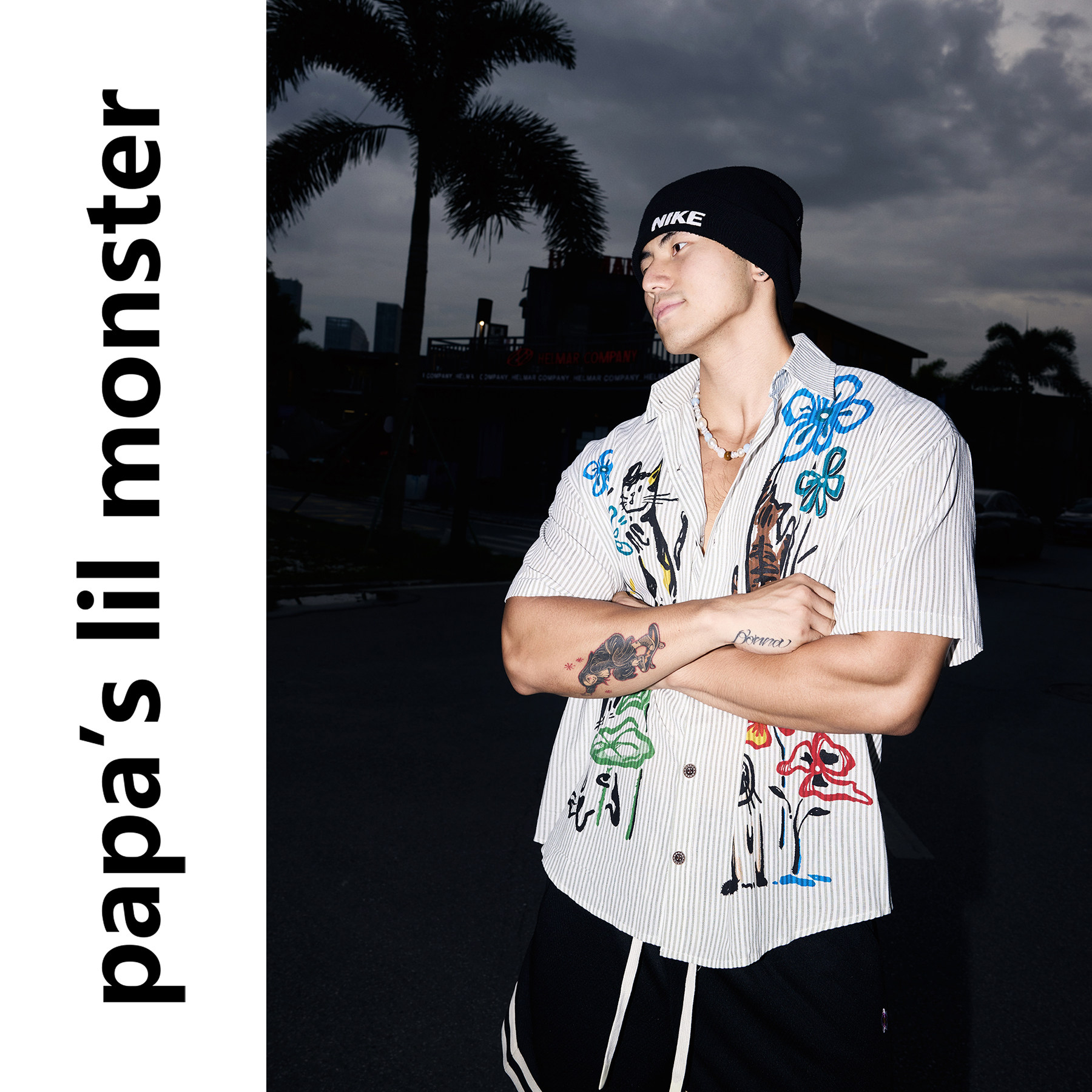 PAPASLILMONSTER 【花与猫】美式艺术感猫咪花卉手绘条纹短袖衬衫