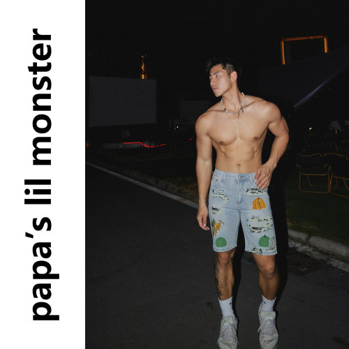 PAPASLILMONSTER美式复古耐磨水洗浅色牛仔短裤痞帅宽松男款潮