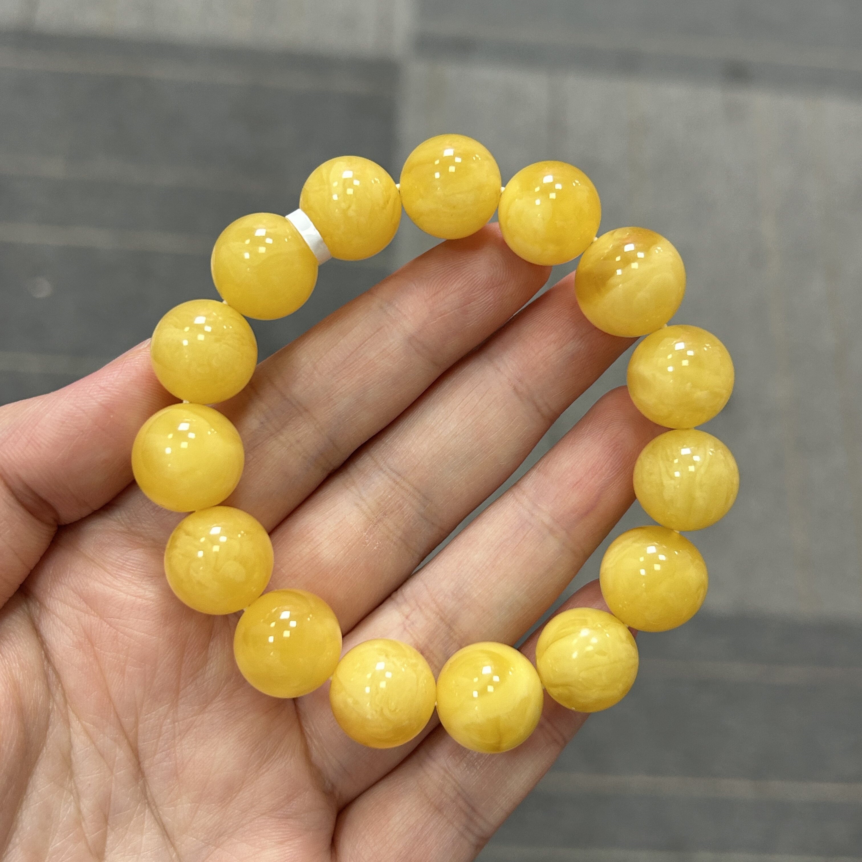 【小袁优荐】天然琥珀蜜蜡单圈满蜡虎皮纹圆珠手串鸡油黄14mm+