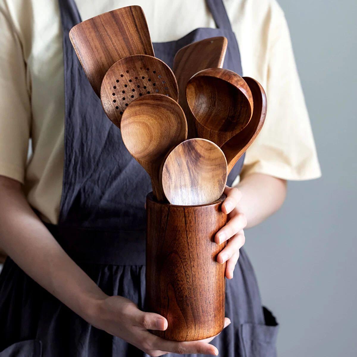 Wood Kitchenware Cooking Set Household Spatula Spoon Set Sal - 实物图