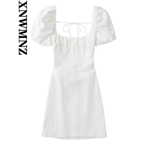 XNWMNZ women white fashion linen blend dress female square n