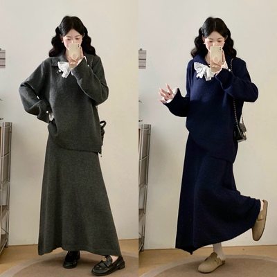 慵懒风蝴蝶结领针织毛衣套装