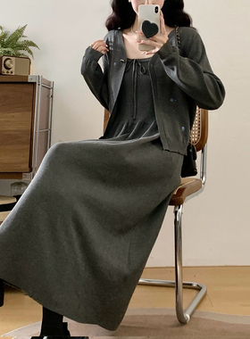 灰色两件套裙子2025新款秋冬季女轻奢高级感高腰收腰A字长袖套装