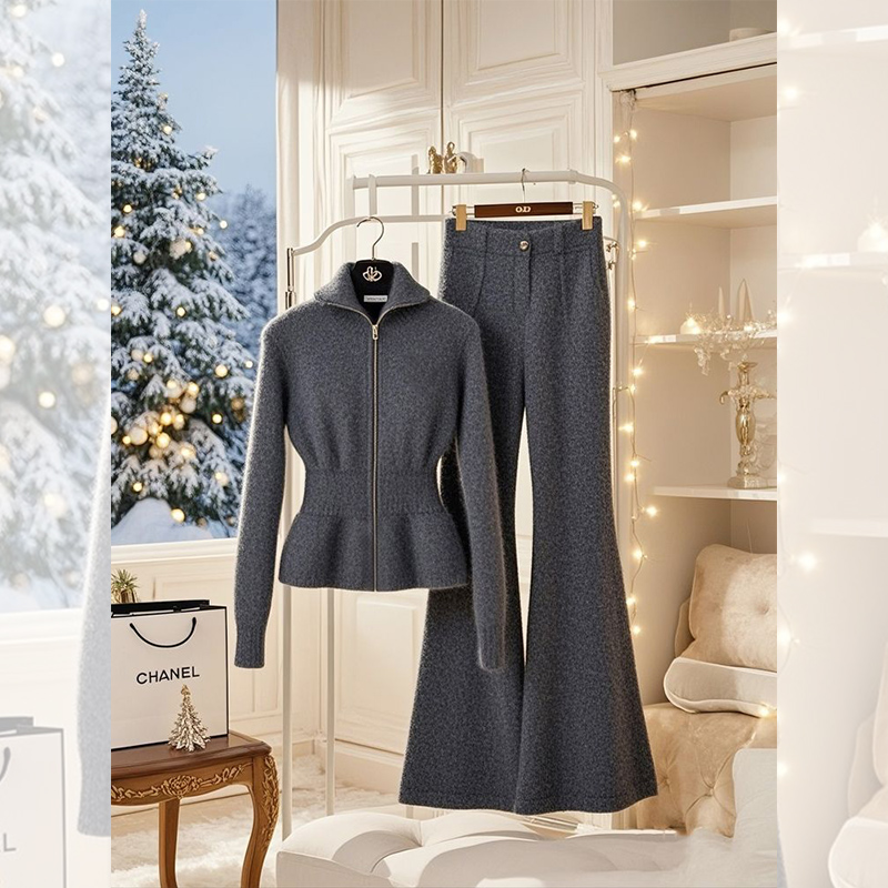 冬季穿搭一整套高级感减龄气质小香风深灰色毛衣开衫阔腿裤套装女