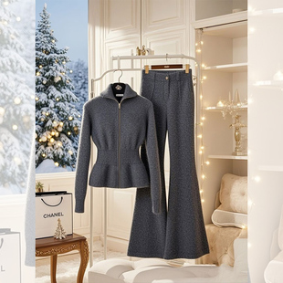 冬季穿搭一整套高级感减龄气质小香风深灰色毛衣开衫阔腿裤套装女
