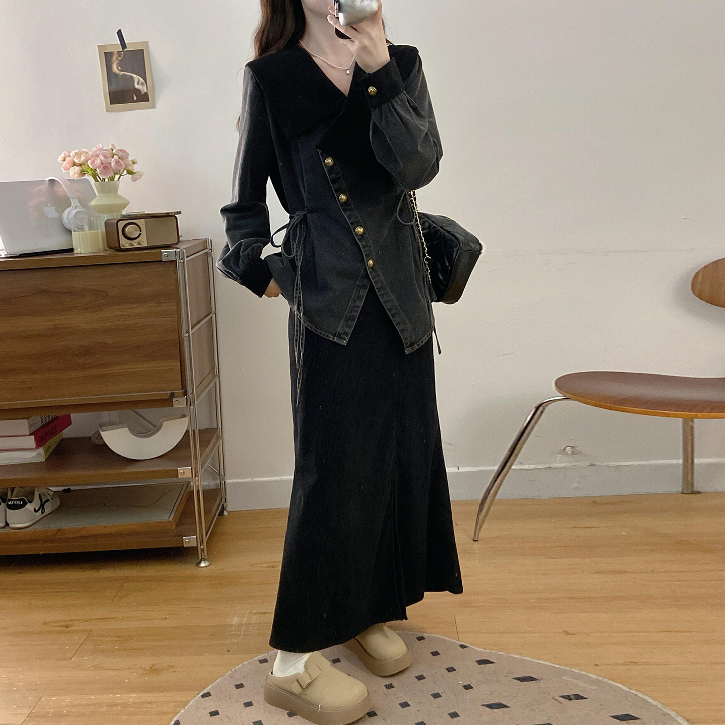 高级感灰色不规则牛仔套装