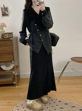 冬季连衣裙女新款轻奢高级感气质灰色不规则牛仔A字两件套裙子ins