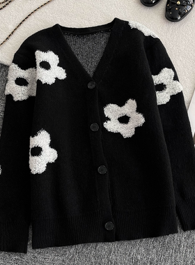 卡通花朵V领针织开衫女2025秋冬黑色加厚显瘦毛衣外套显瘦上衣