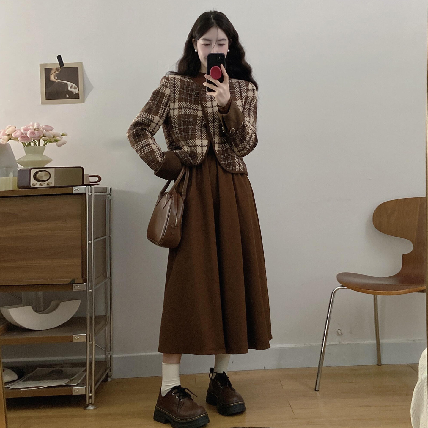 秋冬套装女2025新款大码韩系高级感气质小个子高腰格子两件套裙子