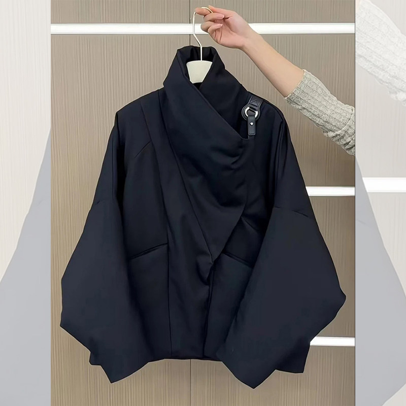 法式气质赫本风高级感加厚保暖黑色立领棉服外套女2024年新款冬季