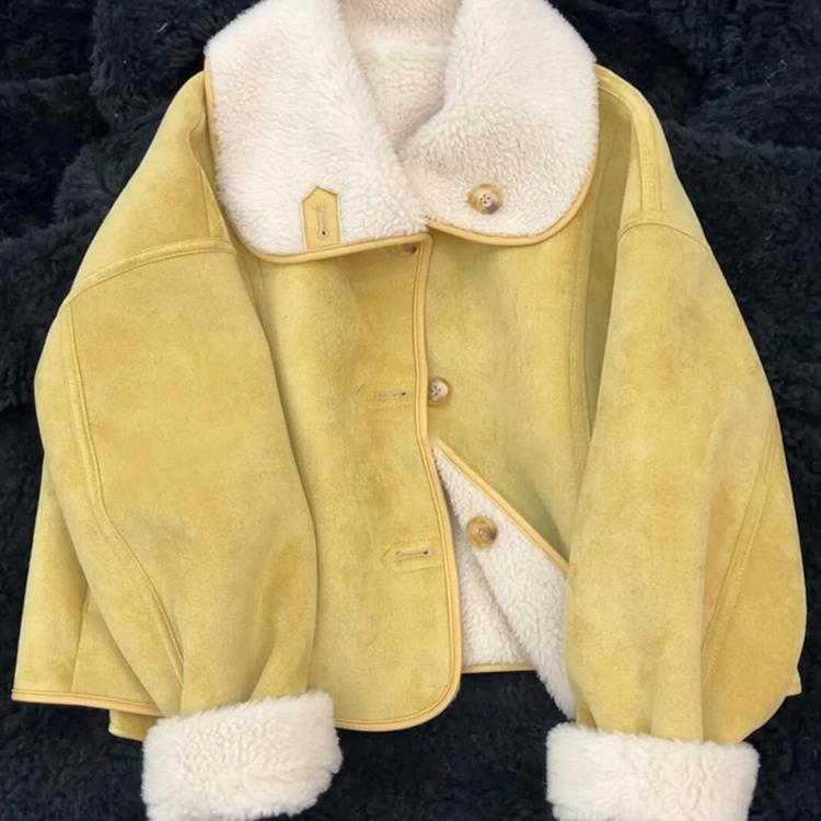 今年流行爆款羊羔毛高级感小香风2025冬季黄色翻领加厚保暖外套女
