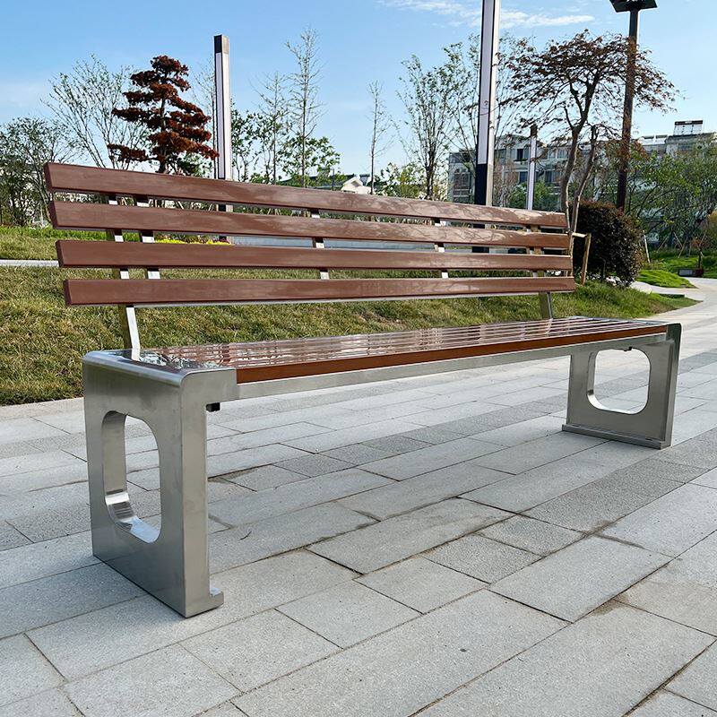 公园靠背椅 不锈钢回型框架户外休闲座椅 景区广场实木长凳