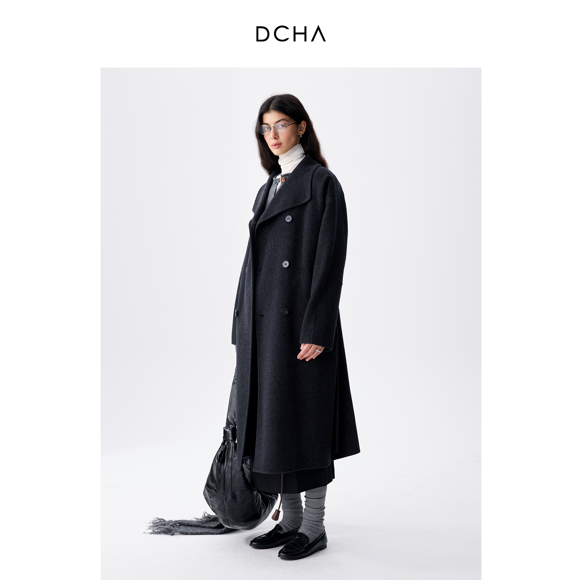DCHA 高级手工羊毛立领外套长款过膝双面呢大衣毛呢大衣