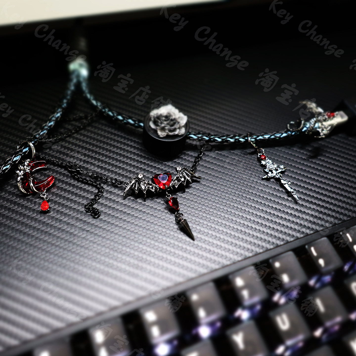 暗黑风禁忌玫瑰8k发光磁轴键盘一拖二单晶铜航插线EV63通用数据线