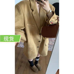 VOHEYG黑哥 卢浮之吻纽扣撞色麂皮绒西装外套女秋小众设计感上衣