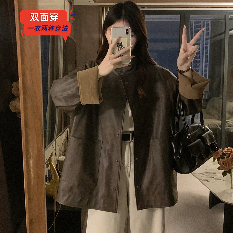 正反两面穿皮衣外套女2025年早秋宽松上衣咖色单排扣复古大衣